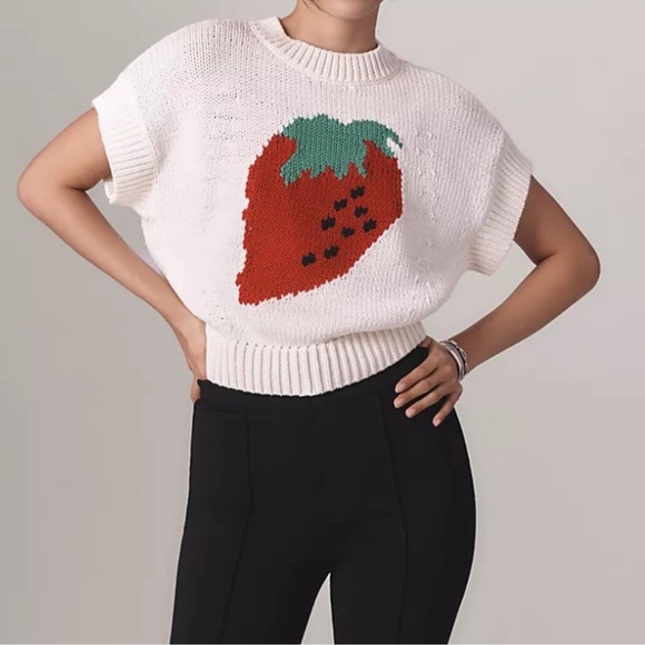 Anthropologie Sweaters - NWT! Anthropologie Maeve The Pippa Crew-Neck Sweater Cap-Sleeve Strawberry - XS